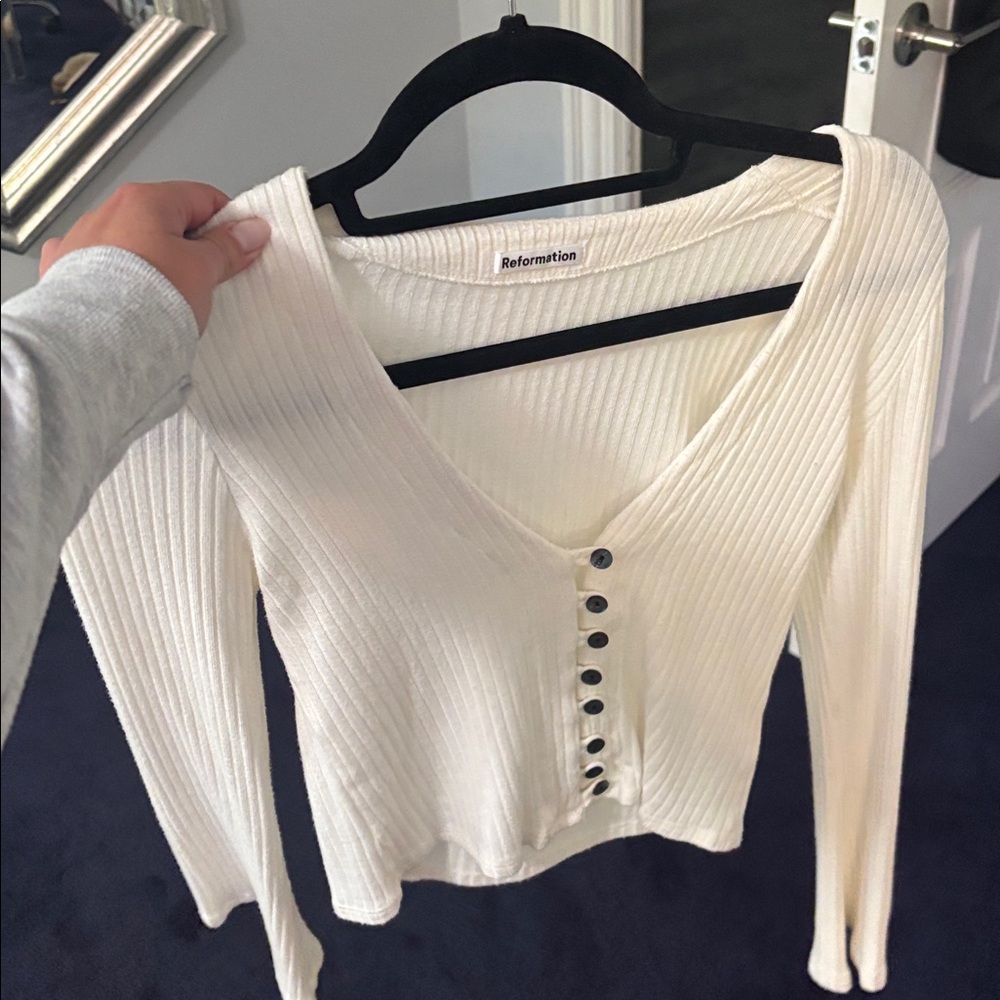Reformation Cream Ribbed Long Sleeve Henley Top